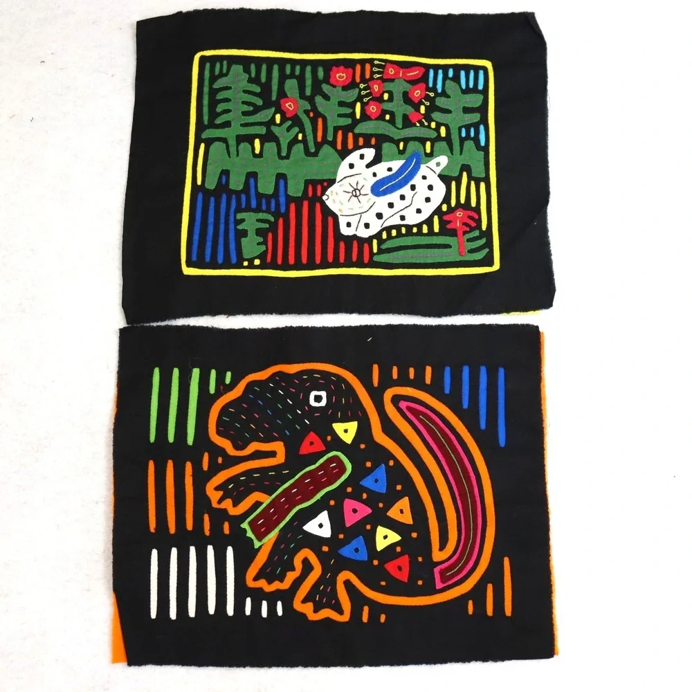 Vintage Kuna Mola Animal Textile Panels Pair Black Unisex Folk Art